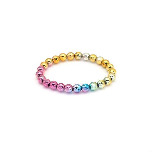 Rainbow Hematite Round Faceted Stretchy Bracelet, Sku#EF430