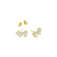 Gold Baguette CZ Half Circle Radial Stud Earrings, Sku#LX424