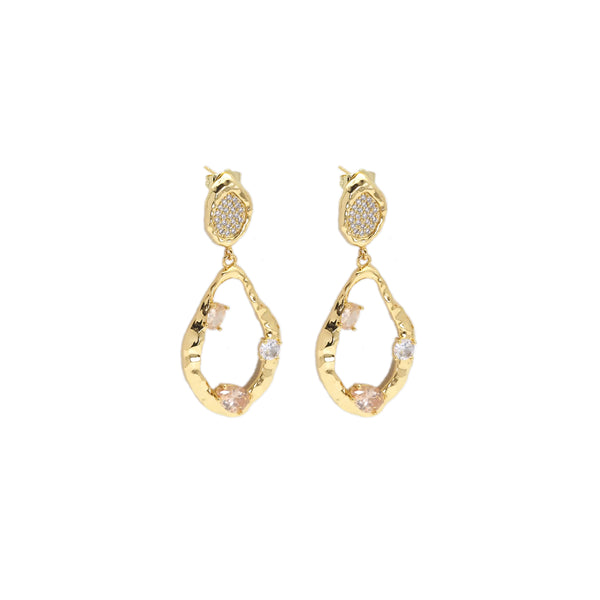 CZ Gold Irregular Oval Shape Dangle Stud Earrings, Sku#Y856