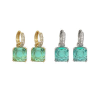 Gold Silver Aqua Blue Green Square Stone CZ Huggie Earrings, Sku#Y860