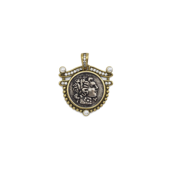Double-sided Ancient Coin Pendant with CZ Pearl, Sku#Y884