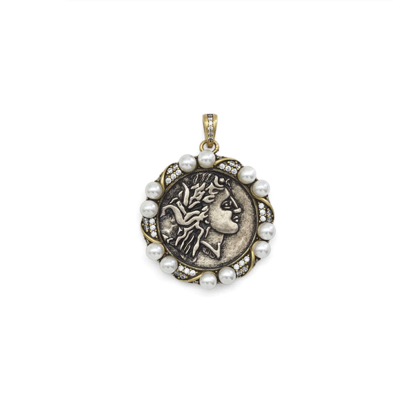 Double-Sided Antique Ancient Greek coin with White Pearl Charm, Sku#Y885