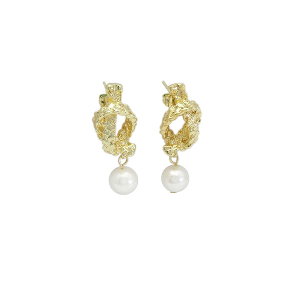 Hammered Twisted Oval Knot White Pearl Earrings, Sku#ZX140