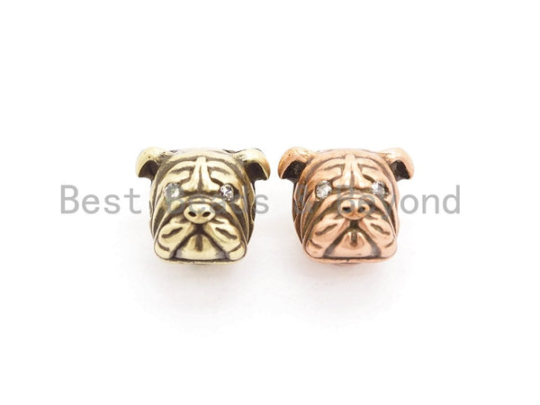 Antique Gold/Copper Bulldog Animal Head Bead, Animal Charm, CZ Pave Dog Spacer Beads, Men's Bracelet DIY, 13x11x11mm, sku#Y136
