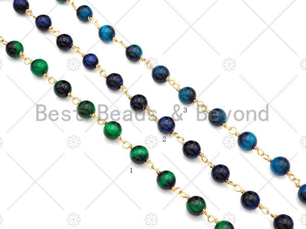 Green/Navy Blue/Teal Blue High Quality Tiger Eye Rosary Chain, 6mm Beaded Chain, Wire Wrapped Gold Chain,Sku#V78