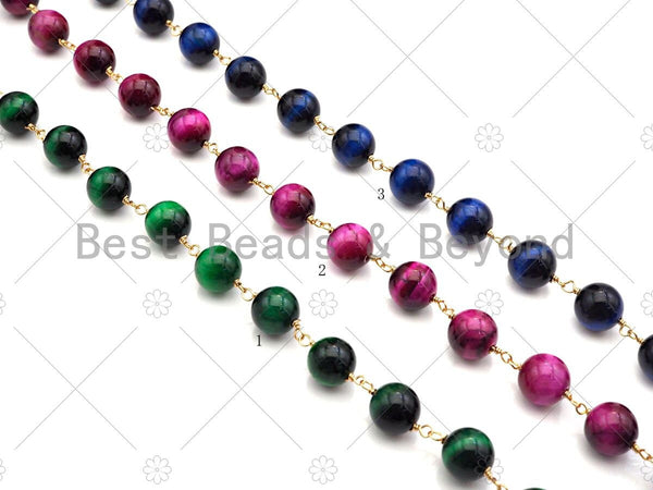 Green/Fuchsia/Navy Blue High Quality Tiger Eye Rosary Chain, 10mm Beaded Chain, Wire Wrapped Gold Chain,Sku#V86