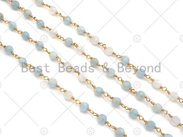 Quality Aquamarine Rosary Chain, 5mm Beaded Chain, Wire Wrapped Gold Chain, Body Belly Chain, Sku#V90