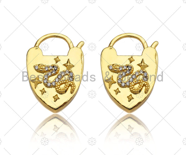 CZ Micro Pave Snake Padlock Heart Clasp Charms, Snake CZ On Padlock Clasp, Gold Charm Pendant, Padlock Necklace Charms, 17x27mm, Sku#K164