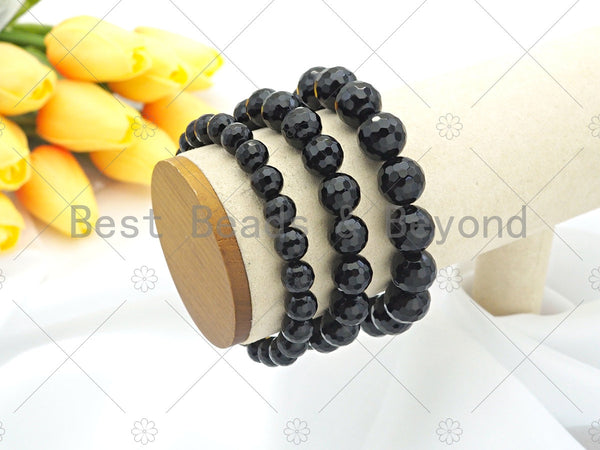 High Quality Natural Black Onyx Stretchy Bracelet,8mm/10mm/12mm Elastic Fit Round Faceted Bracelet, 7.5'' Bracelet,Sku#EF04