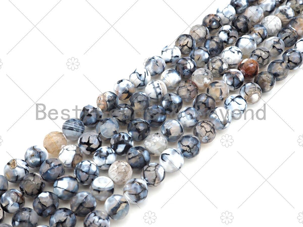 High Quality Black White Fire Agate Beads, Dragon Vein Agate,10mm/12mm Round Faceted Agate Beads, 15.5" Full Strand, Sku#U1161