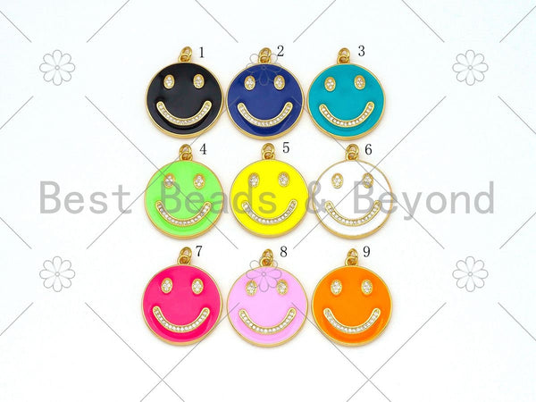 CZ Micropave Colorful Enamel Smiley Face Shape Pendant, 18K Gold Filled Smiley Face Charm, Necklace Bracelet Charm Pendant,24x28mm,Sku#ML51