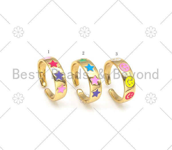 Colorful Enamel Five Star and Smiley Face Shape Adjustable Ring, 18K Gold Filled Enamel Open Ring, Statement Ring,6x20mm,Sku#LD148