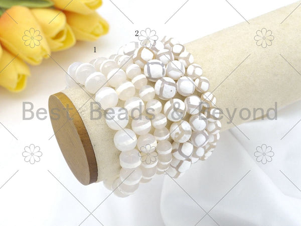 Quality Natural White One Line/Football Tibetan Agate Stretchy Bracelet, 8mm/10mm/12mm Elastic Fit Round Smooth, 7.5''  Bracelet,Sku#EF62