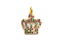 CZ Colorful Micro Pave Royal Crown Charm Pendant, Crown Shaped Pave Pendant, Gold plated, 17x15mm, Sku#F837