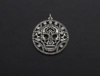 CZ Micro Pave Hollow Out Skull With Ring Pendant, Antique Silver Tone, Cubic Zirconia Pave Round Pendant, 29x32mm,sku#F1025