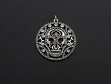 CZ Micro Pave Hollow Out Skull With Ring Pendant, Antique Silver Tone, Cubic Zirconia Pave Round Pendant, 29x32mm,sku#F1025