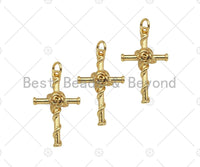 Gold Filled Rose Flower On Cross Shape Pendant, 18K Gold Filled Rose Cross Charm, Necklace Bracelet Charm Pendant, 16x26mm, Sku#Y439