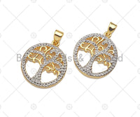 Dual Color Life Tree CZ Micro Pave Round Ring Charms, Life Tree Pendant, Gold Pendant, Round Necklace Charms, 19x22mm, Sku#F1276