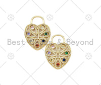 Colorful CZ Micro Pave Filigree Heart Shape Pendant,18K Gold Filled Heart Charm, Necklace Bracelet Charm Pendant, 40x30mm,Sku#LK407