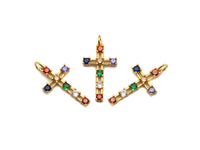 Colorful CZ Micro Pave Cross Pendant, Cz Pave Bracelet Necklace Pendant in Gold Finish,27x15mm, sku#F906