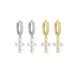Dainty Pearl Cross Pendant with CZ Hoop Dangle Earrings, Sku#EF833