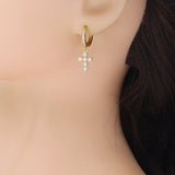 Dainty Pearl Cross Pendant with CZ Hoop Dangle Earrings, Sku#EF833