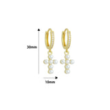 Dainty Pearl Cross Pendant with CZ Hoop Dangle Earrings, Sku#EF833