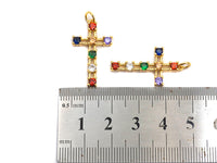 Colorful CZ Micro Pave Cross Pendant, Cz Pave Bracelet Necklace Pendant in Gold Finish,27x15mm, sku#F906