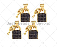 Micro Pave Black CZ Key On Lock Shape Charms, Micro Pave CZ Pendant/Charm, Lock Necklace Bracelet Charms, 8x12mm, Sku#Z1258