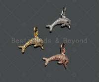 CZ Micro Pave Dolphin Shape Pendant/Charm, Bracelet Necklace CZ  Dolphin Pendant Charm, Real Gold Plated Charm, 14x10mm,Sku#Y370