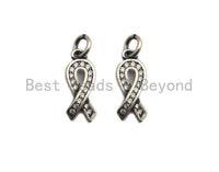 Rhidium CZ Micro Pave Breast Cancer Awareness Ribbon Charm, AIDS Care Cubic Zirconia Pendant Charm, Antique Silver Color, 6x16mm,sku#X117