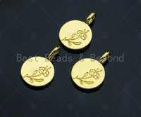 18k Shiny Gold Rose Flower On Round Coin Charms, Dainty Gold Charms, Flower Pendant, Gold Pendant, Round Necklace Charms, 12x18mm, Sku#Z1175