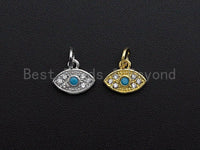 CZ Micro Pave Evil Eye Pendant/Charm, Clear Turquoise Cubic Zirconia Pave Charm, Silver/Gold Plated, 8x10mm, sku#Z777