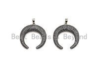 CZ Micro Pave OX Horn Shape Pendant, Antique Silver Tone, Cubic Zirconia Pave Crescent Charm Pendant, 32x35mm,sku#F1028