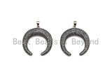 CZ Micro Pave OX Horn Shape Pendant, Antique Silver Tone, Cubic Zirconia Pave Crescent Charm Pendant, 32x35mm,sku#F1028