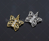 CZ Micro Pave Filigree Butterfly Shape Pendant, Cubic Zirconia Pendant Charm, Cute Pave Findings, Gold/Silver, 12x10mm, Sku#Z1164