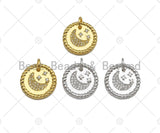 CZ Micro Pave Cresent Moon Star On Round Coin Pendant, Bracelet Necklace CZ  Round Coin Pendant Charm, Silver/Gold Tone,16x16mm,sku#L461