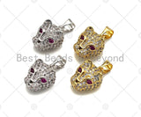 CZ Micro Pave Leopard Head With Fuchsia Eye Pendant, Gold/Silver Plated Jewelry, Panther Charm Pendant, 10x13mm,sku#F1216