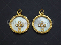 18K Gold CZ Micro Pave Cross on Mother-of-pearl Pendant Char