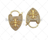 18K Gold Cross On Heart Fancy Lock Clasp, CZ Micro Pave Lock