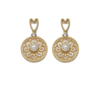 Gold CZ Flower with Pearl On Round Coin Charm, Sku#ZX96