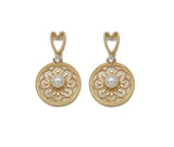 Gold CZ Flower with Pearl On Round Coin Charm, Sku#ZX96