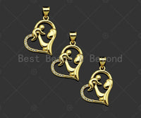 CZ Micro Pave Mama and Baby On Heart Frame Shape Pendant, 18K Gold Filled Mom Charm, Mother's Day Necklace Pendant,16x20mm,Sku#LD132