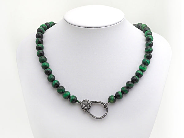 Green Tiger Eye Attachment Necklace with Large CZ Pave Gunmetal clasp, 18" long, sku#D37