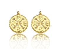Gold Filled CZ Micro Pave Compass On Round Coin Shape Pendant, 18k Gold Filled Medallion Charm, Necklace Bracelet Pendant,25x27mm,Sku#Z1359