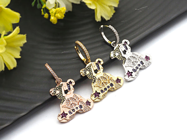 CZ Micro Pave Teddy Bear Earring, Cubic Zirconia Gold/Silver/Rose Gold/Black Huggie Earring,24x40mm,sku#J54