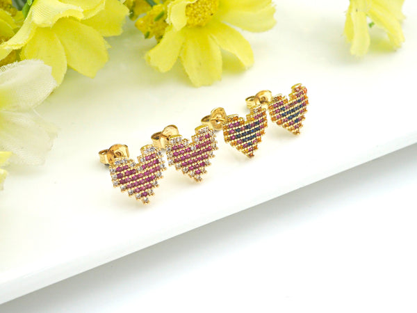 CZ Micro Pave Stud Earring Wires, Heart Shape Earrings, Colorful CZ micro pave earrings, 10mm, sku#J224