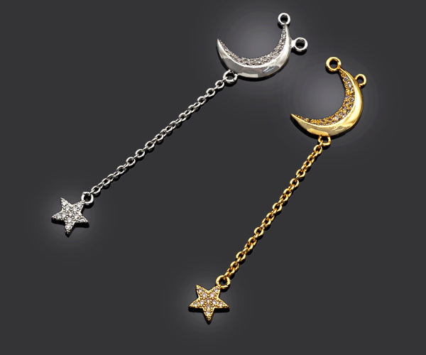 CZ Micro Pave Moon North Star Pendant/Charm, Star Moon Pendant, Clear CZ Micro Pave Charm, 11x55mm, sku#F1266