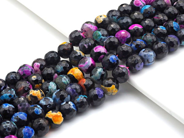 Fire Agate Beads, Orange Pink Blue Black, 6mm/8mm/10mm/12mm/14mm Faceted Round Natural Gemstone Loose Beads, 15.5" Full Strand, sku#UA57