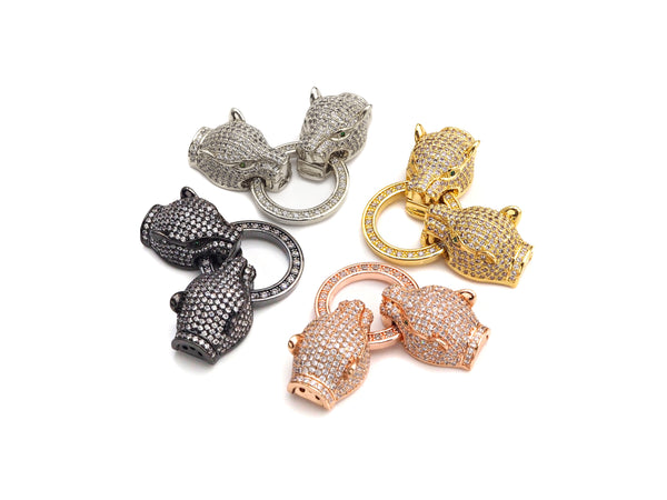 LARGE Clear CZ Micro Pave Panther Leopard Head Box Insert Clasp, Leopard Head Connector, Men's Jewelry Finding, 14x50mm, sku#C110